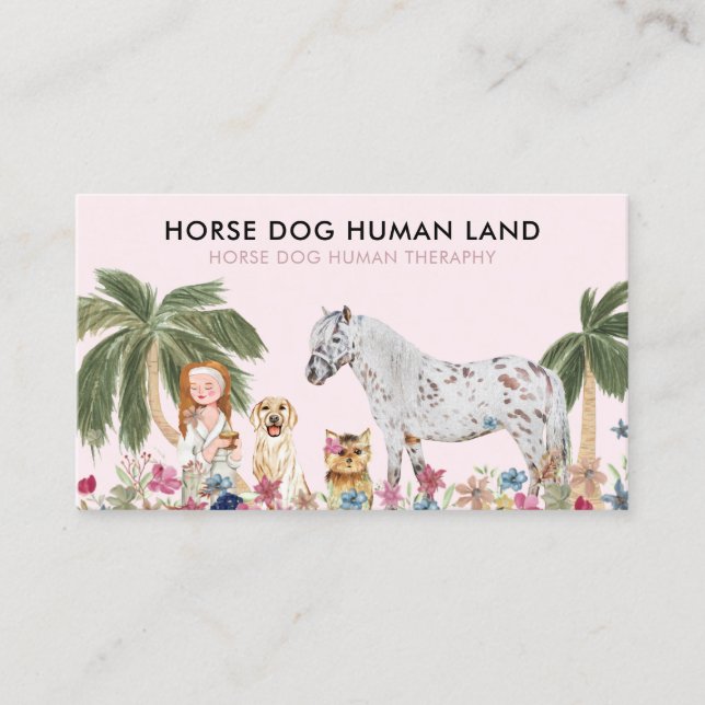 Botanical Palm Pink HORSE DOG HUMAN THERAPHY Business Card (Front)