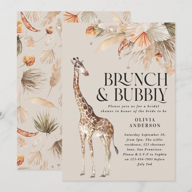 Botanical pampas grass giraffe bridal shower invit invitation (Front/Back)
