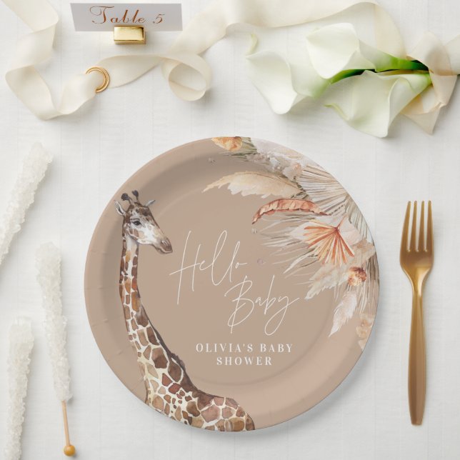 Botanical pampas grass giraffe safari natural chic paper plate (Wedding)