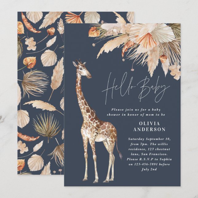 Botanical pampas grass giraffe safari navy blue invitation (Front/Back)