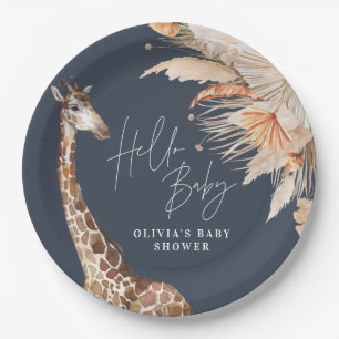Botanical pampas grass giraffe safari navy blue paper plate