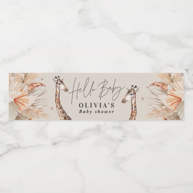 Botanical pampas grass giraffe safari navy blue wa water bottle label (Single Label)