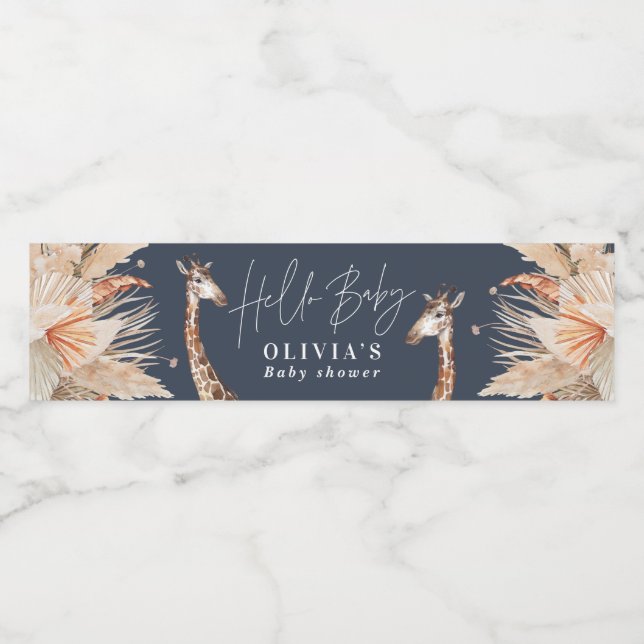 Botanical pampas grass giraffe safari navy blue water bottle label (Single Label)