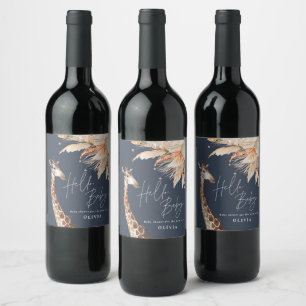 Botanical pampas grass giraffe safari navy blue wine label