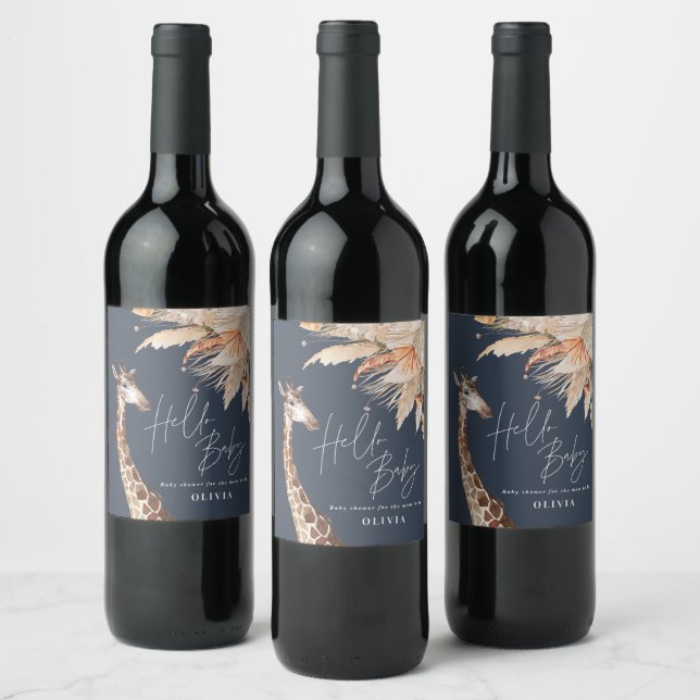 Botanical pampas grass giraffe safari navy blue wine label (Bottles)