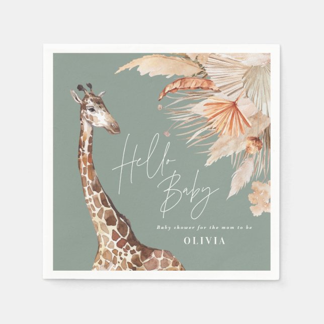 Botanical pampas grass giraffe safari sage green napkin (Front)