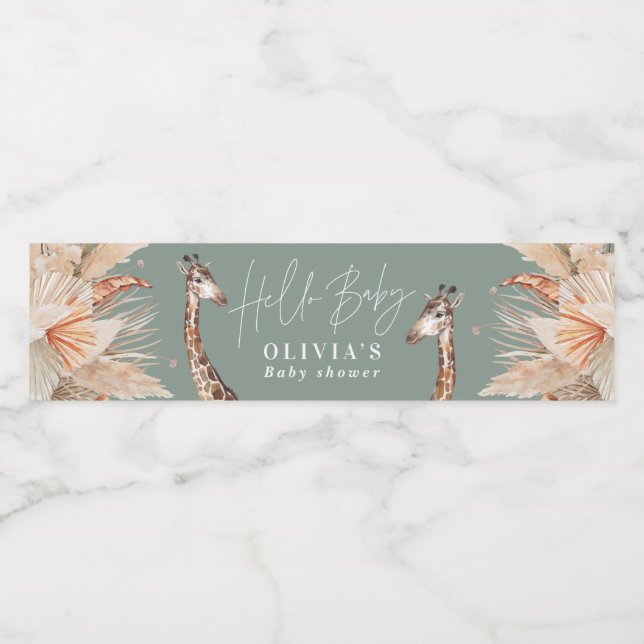 Botanical pampas grass giraffe safari sage green water bottle label (Single Label)