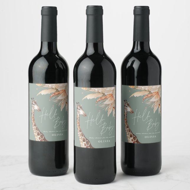 Botanical pampas grass giraffe safari sage green wine label (Bottles)
