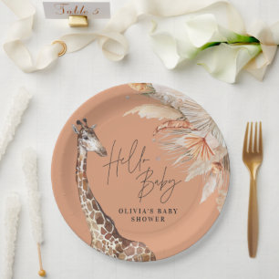 Botanical pampas grass giraffe safari terracotta paper plate