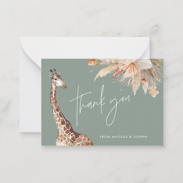 Botanical pampas grass giraffe safari thank you card (Front)