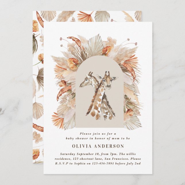 Botanical pampas grass modern giraffe safari chic  invitation (Front/Back)