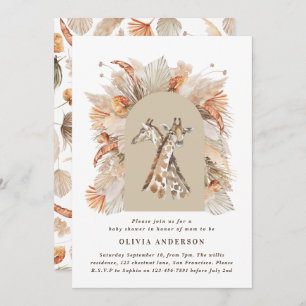 Botanical pampas grass modern giraffe safari chic invitation