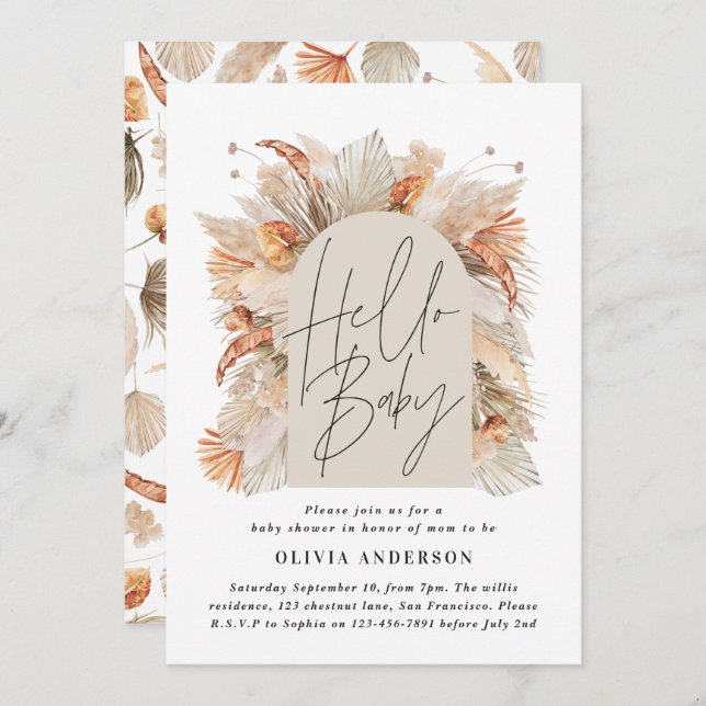 Botanical pampas grass modern rustic terracotta in invitation (Front/Back)