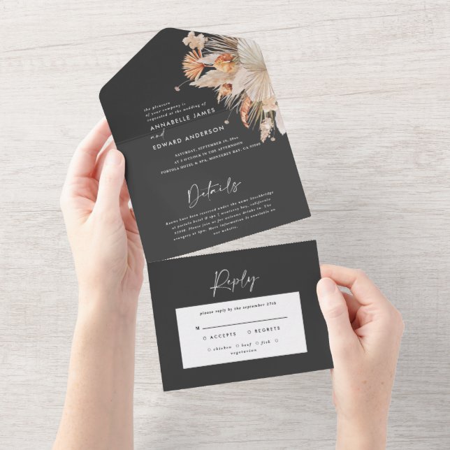 Botanical pampas grass wedding all in one all in o invitation (Tearaway)