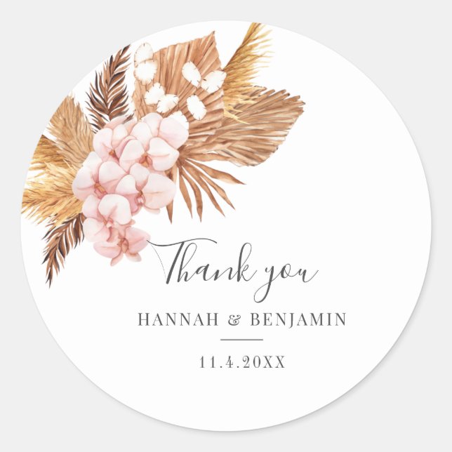 Botanical Pampas Grass Wedding Thank You Classic Round Sticker (Front)