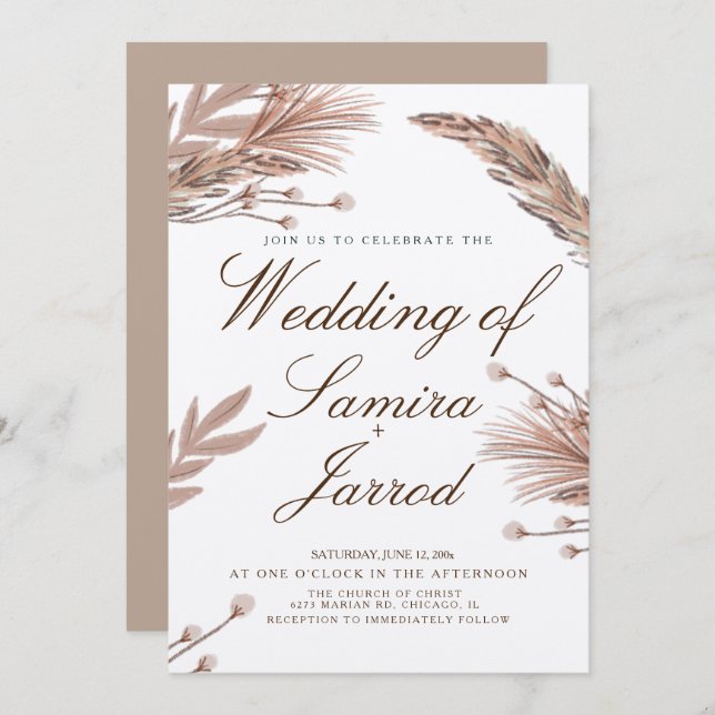 Botanical Pampas Hand Drawn Wedding Kraft Invitation (Front/Back)
