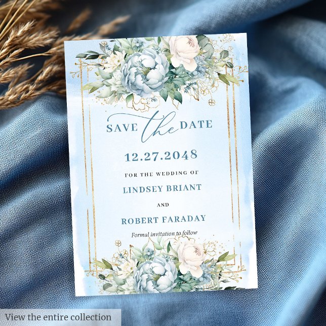 Botanical Pastel Blue White Gold Floral Save Date Invitation (Botanical Pastel Blue White Gold Floral Save The Date)