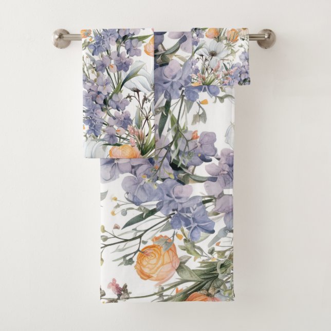 Botanical pastel colours wildflower summer floral bath towel set (Insitu)