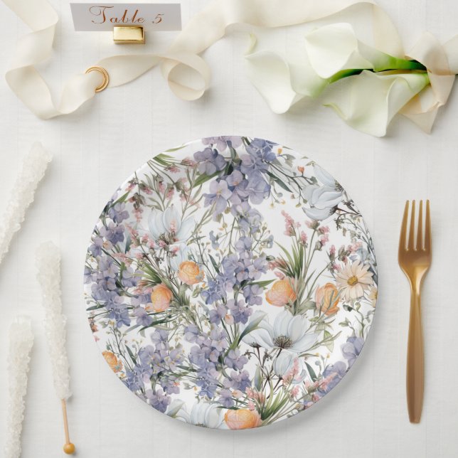 Botanical pastel colours wildflower summer floral paper plate (Wedding)