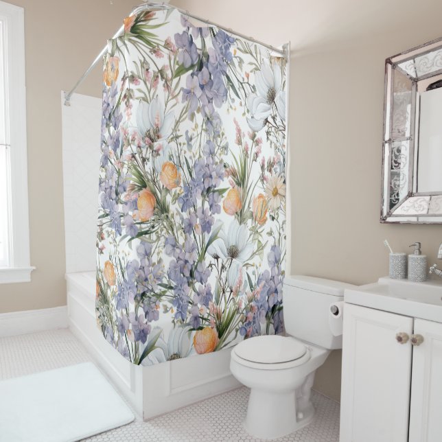 Botanical pastel colours wildflower summer floral shower curtain (In Situ)