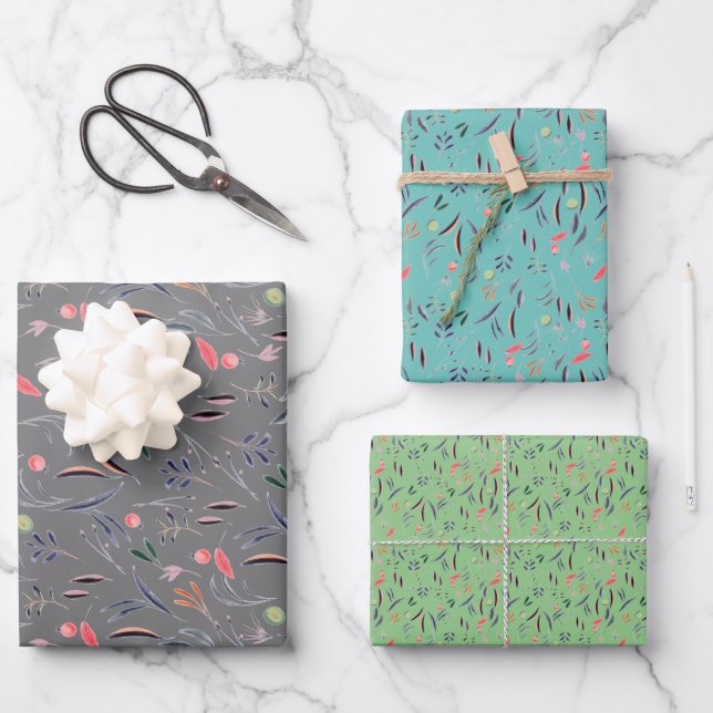 Botanical pattern grey green wrapping paper (Front)