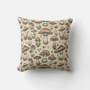 Botanical Pattern of Mushrooms in Brown and Beige  Cushion