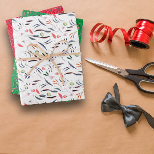Botanical pattern red green white wrapping paper