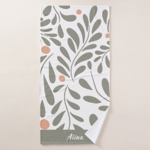 Botanical Pattern Sage green leaves custom name Bath Towel