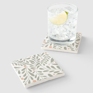Botanical Pattern Sage green leaves Stone Coaster