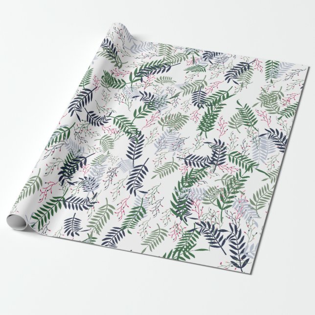 Botanical Pattern with Green Leaves red accents Wrapping Paper (Unrolled)