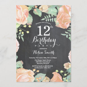 Botanical Peach Floral 12th Birthday Invitation