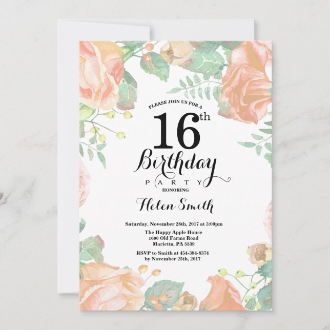 Botanical Peach Floral 16th Birthday Invitation (Front)