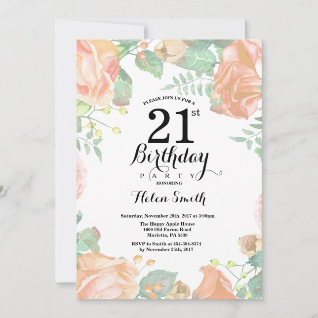 Botanical Peach Floral 21st Birthday Invitation (Front)