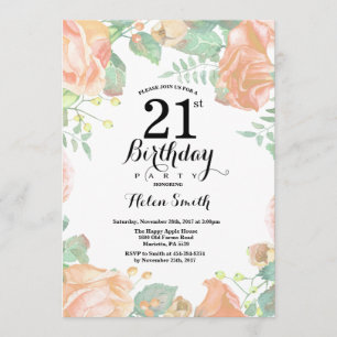 Botanical Peach Floral 21st Birthday Invitation