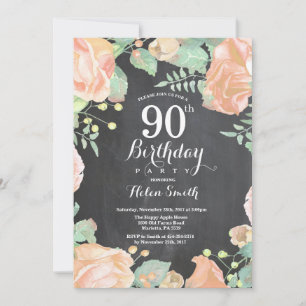 Botanical Peach Floral 90th Birthday Invitation