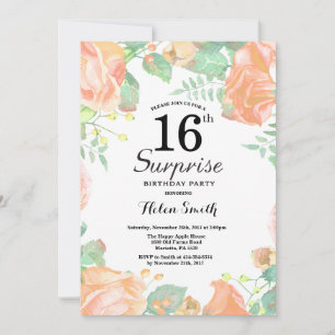 Botanical Peach Floral Surprise 16th Birthday Invitation