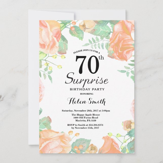 Botanical Peach Floral Surprise 70th Birthday Invitation (Front)
