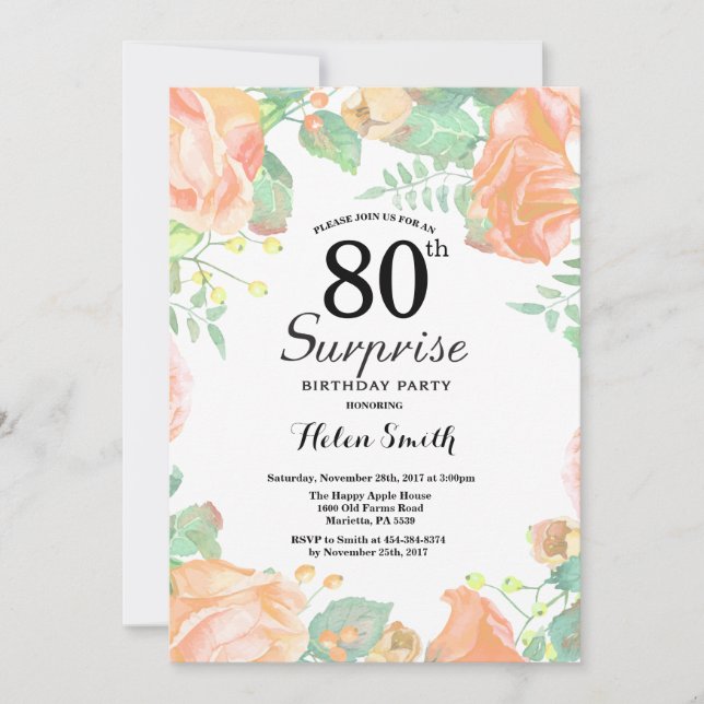 Botanical Peach Floral Surprise 80th Birthday Invitation (Front)