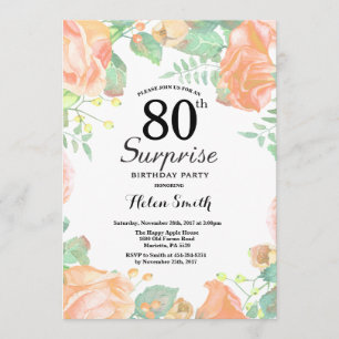 Botanical Peach Floral Surprise 80th Birthday Invitation