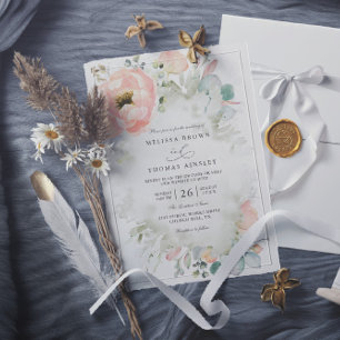 Botanical Peach Flowers Elegant QR Code Wedding Invitation