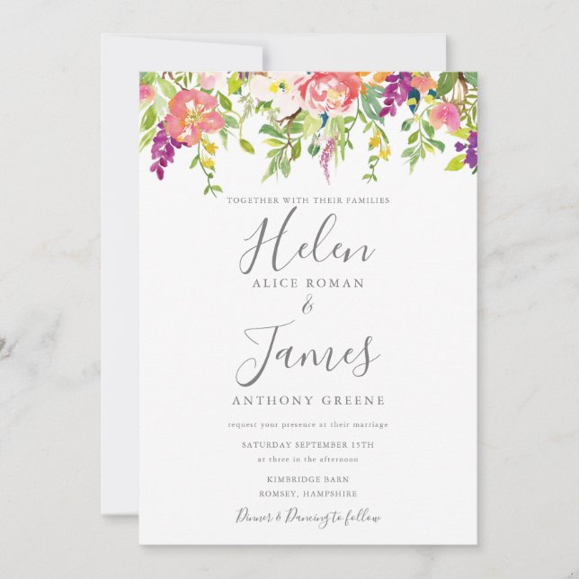 Botanical Peach Purple Flowers Wedding Invitation (Front)