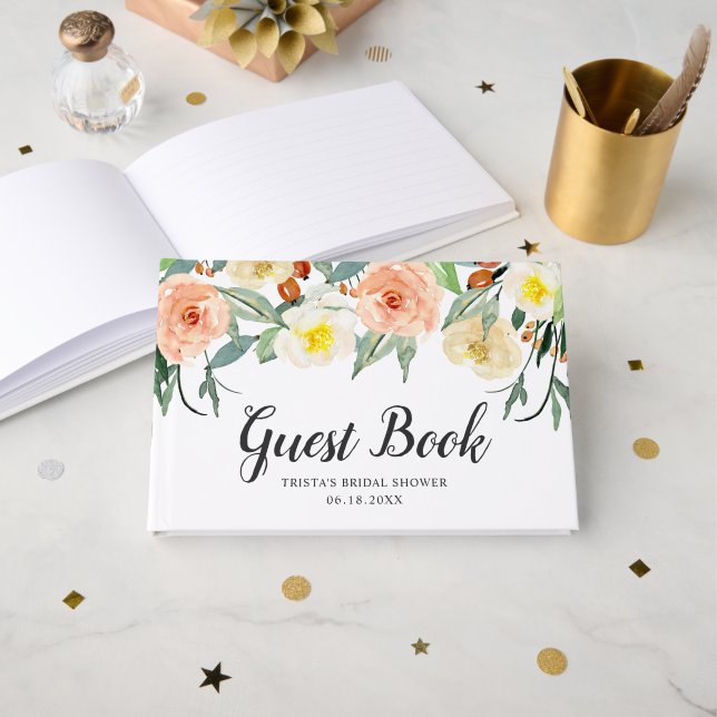 Botanical Peach Watercolor Floral Bridal Shower Guest Book (Front Open)