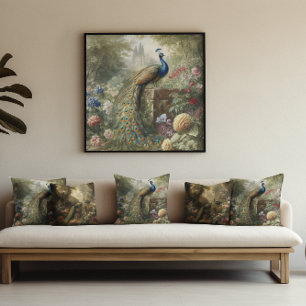 Botanical: peacock near castle in English garden  Canvas Print