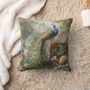 Botanical: peacock near castle in English garden Cushion