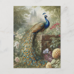 Botanical: peacock near castle in English garden  Postcard