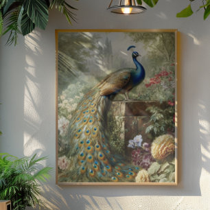 Botanical: peacock near castle in English garden  Poster