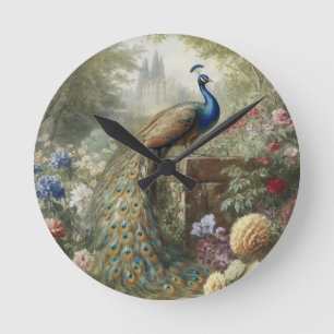 Botanical: peacock near castle in English garden  Round Clock