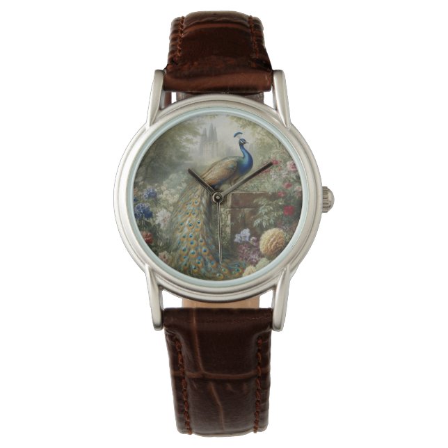 Botanical: peacock near castle in English garden  Watch (Front)