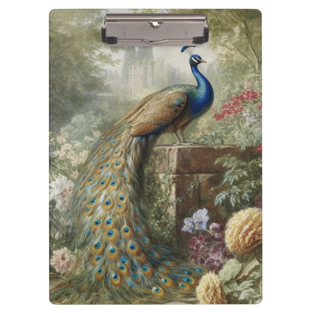 Botanical: peacock on stairs in an English garden Clipboard (Front)