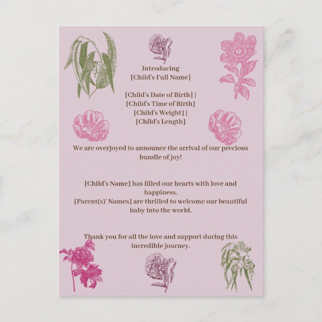 Botanical Peony Eucalyptus Girl Birth Announcement (Front)